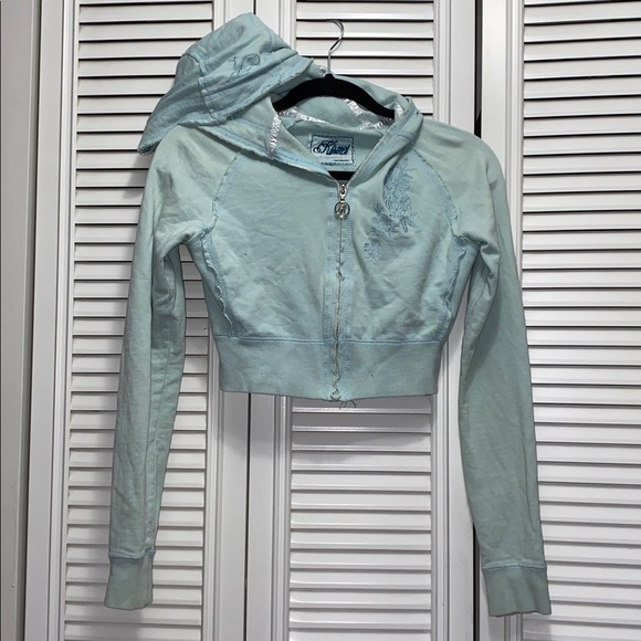 Kismet Early 2000s Y2K Baby Blue Cropped Hooded Zip-Up Jacket - Picture 4 of 11